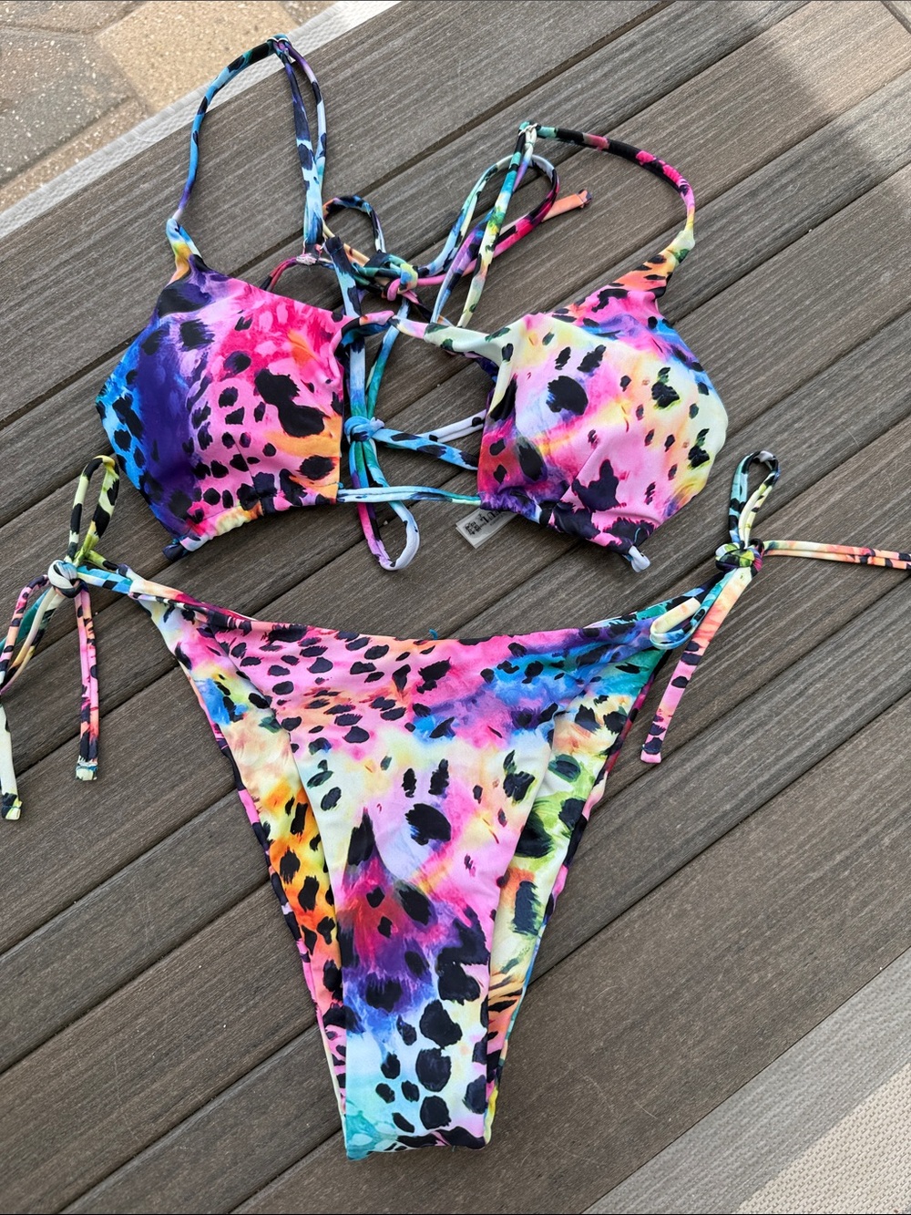 Neon Multicolor Leopard Print Tie Bikini sz L